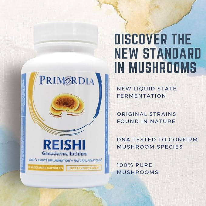 Primordia Pure Reishi Mushroom Supplement, 60 Capsules, Liquid State Fermentation, Reishi Ganoderma Lucidum Mushrooms, Gut Health & Immune Support, Promotes Restful Sleep