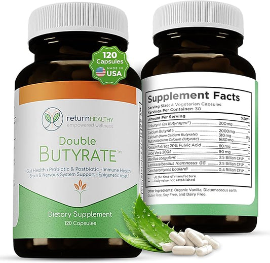 Double Butyrate Gut Health Supplement | Probiotic & Postbiotic Digestive Supplements for Gut Support | Enhances Immune, Brain, & Nervous System Function | Odor-Free Formula | 120 caps