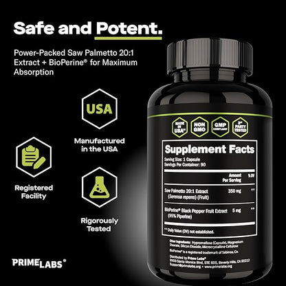Prime Labs Saw Palmetto for Men (2-Pack) - Prostate & Urinary Health Supplement, Hair Loss Support, DHT Blocker - 20:1 High-Potency 350mg of Saw Palmetto Extract per Serving