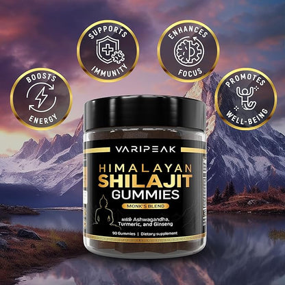 4-in-1 Organic Himalayan Shilajit Gummies | Fortified with Ashwagandha, Turmeric, & Ginseng | for Energy, Immunity & Cognitive Support | 90 Count | Sugar Free, Vegan, Non-GMO | for Men and Women