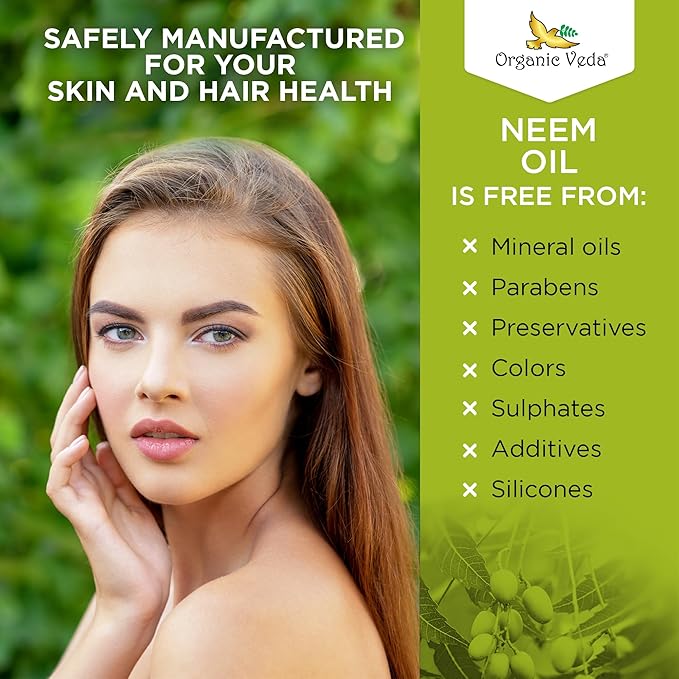 Organic Veda Neem Oil - Pure, Cold Pressed & Organic Neem Oil for Skin, Hair, Face, Body, Scalp - Natural Moisturizer, Virgin Neem seed oil - Rich in Vitamin E, Fatty Acids, Antioxidants - 3.4 fl oz