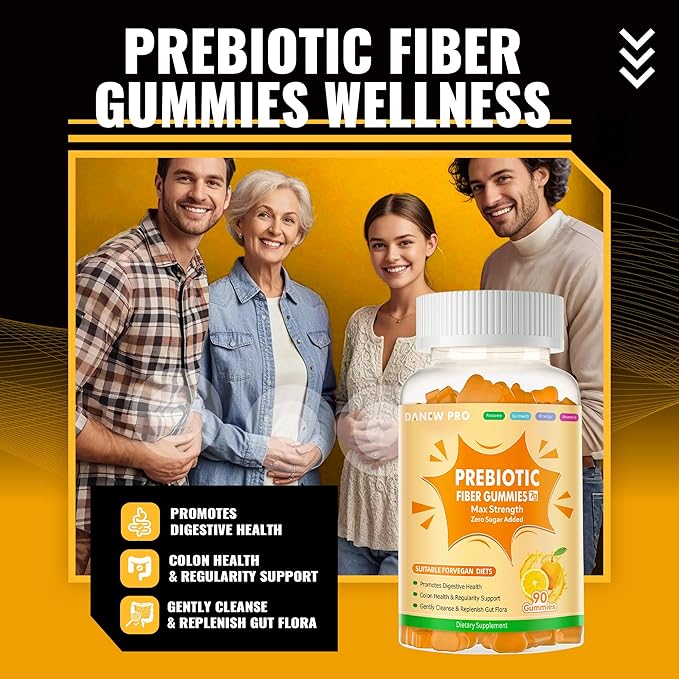 Prebiotic Fiber Gummies for Adults, 7G Extra Strength, Zero Sugar Added, 90 Pectin Based Gummies, Digestive Health -Orange-2pack