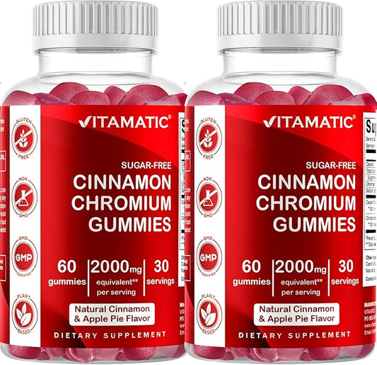 Vitamatic Sugar-Free Chromium Gummies with Ceylon Cinnamon – 2000 mg Equivalent Per Serving (from Extract 83 mg) – Non-GMO, Gluten-Free – 60 Vegan Gummies – 2 Pack