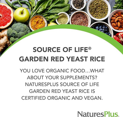 Natures Plus Source of Life Garden Certified Organic Red Yeast Rice - 600 mg, 60 Vegan Capsules - Nutritional Support for Overall Well-Being - Vegetarian, Gluten-Free - 60 Servings