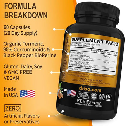 Turmeric Curcumin with BioPerine Supplement Capsules - Support Supplements with 1950mg Curcuma Longa Pure Organic Tumeric and Curcumin BioPerine Black Pepper - 60 Turmeric Pills