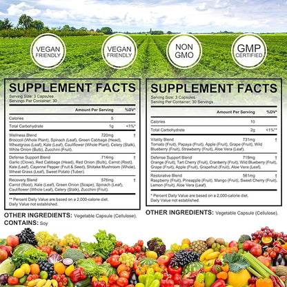 Fruits and Vegetables Supplements,Fruit and Veggies Supplement -90 Fruit & 90 Vegetables High Fiber Supplement for Immunity, Gut & Energy, Superfood Formula, Vegan
