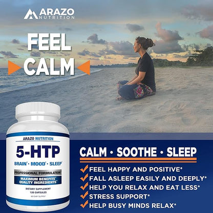5-HTP 200 MG Plus Calcium for Mood, Sleep – Supports Calm and Relaxed Mood – 99% High Purity – 120 Capsules – Arazo Nutrition