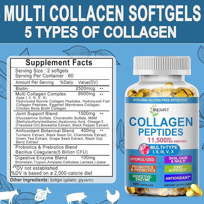 Collagen Peptides Softgels, Multi Collagen Peptides w/ Glucosamine Chondroitin MSM Biotin, Hydrolyzed Collagen Peptides Complex for Women Supports Skin Hair Nail Joints Bones Gut Health, Non-GMO