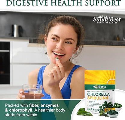 Sunlit Best Chlorella Spirulina Tablets - Organic USDA, Premium Spirulinas and Chlorella Capsules 500 Pills - Chlorellas Natural Superfood with Spirulina Algae, Enzymes Chlorophyll & Vegan Protein
