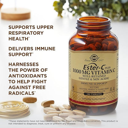 SOLGAR Ester-C Plus 1000 mg Vitamin C (Ascorbate Complex) - 180 Tablets, Pack of 2 - Gentle & Non Acidic - Supports Upper Respiratory Health - Non-GMO, Gluten Free - 360 Total Servings