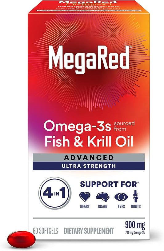 Megared Omega-3 Fish & Krill Oil Supplement 900mg - MegaRed Advanced 4in1, 60 softgels, 2x More Omega-3, Heart, Joint, Brain and Eye Supplement, Red, 60 Count