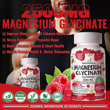 Magnesium Glycinate Gummies 2500mg - Sugar Free Magnesium Potassium Supplement with Vitamin D, B6, CoQ10 for Calm Mood & Sleep Support - 90 Raspberry Gummies