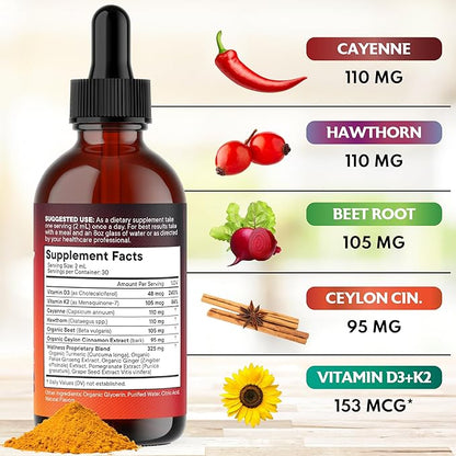 Cayenne Pepper Supplement Liquid Drops + Hawthorn Berry, Vitamin D3 K2 Beet Root Powder, Ceylon Cinnamon, Turmeric Curcumin, Organic Panax Ginseng - 2oz