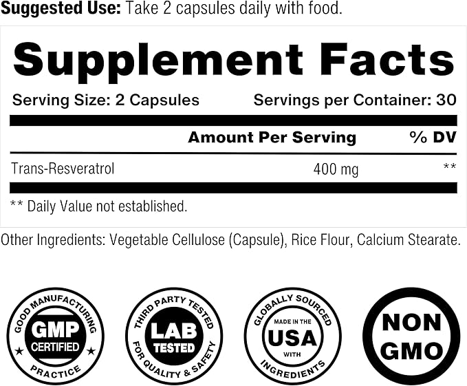 Trans-Resveratrol 400mg | Longevity Supplement for Healthy Aging and Cellular Health | High Absorption for Maximum Benefit | 30 Servings | Non-GMO & 3rd Party Tested