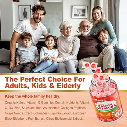Liposomal Vitamin C 1000mg Filled Gummies for Adults & Kids 9+, 1660mg Blend w/ Echinacea, Elderberry, D3, Zinc, Iron, Bioflavonoid,Astaxanthin - Natural Organic Chewable Vitamin C Gummies, Sugar Free