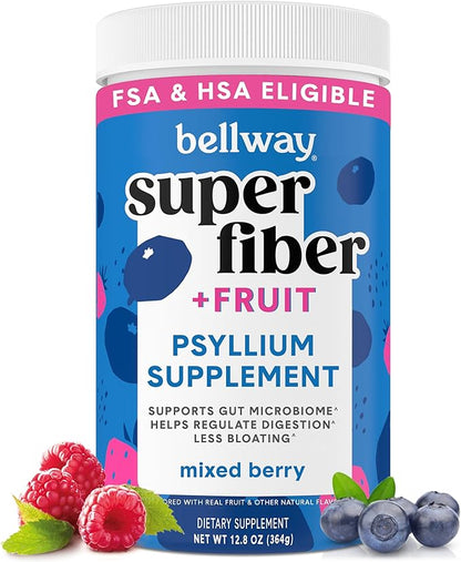 Bellway Super Fiber Powder + Fruit, Sugar Free Organic Psyllium Husk Powder Fiber Supplement for Regularity, Bloating Relief & Gut Health, Non-GMO, Plant-Based, Mixed Berry (50 Servings)