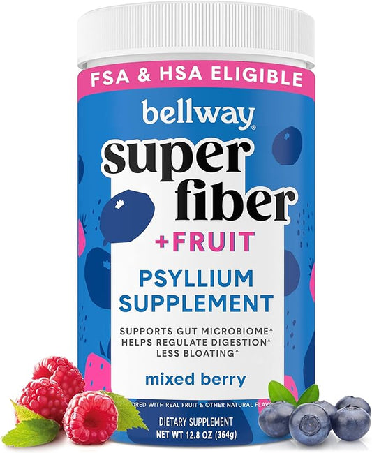 Bellway Super Fiber Powder + Fruit, Sugar Free Organic Psyllium Husk Powder Fiber Supplement for Regularity, Bloating Relief & Gut Health, Non-GMO, Plant-Based, Mixed Berry (50 Servings)