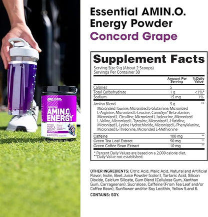 Optimum Nutrition Amino Energy - Pre Workout with Green Tea, BCAA, Amino Acids, Keto Friendly, Green Coffee Extract, Energy Powder - Concord Grape, 30 Servings