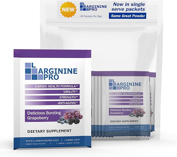 L-ARGININE PRO Supplement Powder | 30 Packets Single Serve Travel Size | 5,500mg of L-arginine Plus 1,100mg L-Citrulline, Grape