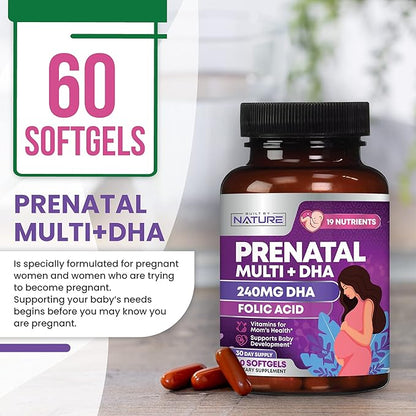 Prenatal Vitamins for Women - Multivitamin with DHA, Folic Acid, Vitamin C, B12, Iron & Omega-3 - Before, During & Post Pregnancy Supplement for Healthy Growth & Brain Development - 60 Softgels
