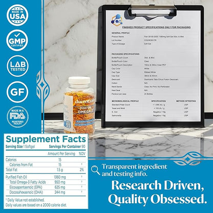 Omega 3 Fish Oil Supplement - High Strength Lemon Scented Fish Oil Pills, 1360mg EPA DHA for Heart, Brain & Immune Support Omega 3 Fatty Acid Supplements - 30 Servings