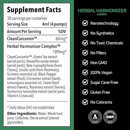 Herbal Harmonizer with CleanCurcumin(TM) - Multi Botanical Antioxidants Supplement - Water Soluble - Nano Curcumin - Holistic Wellness Defender - Healthy Drink Mix (4 fl.oz, Herbal)