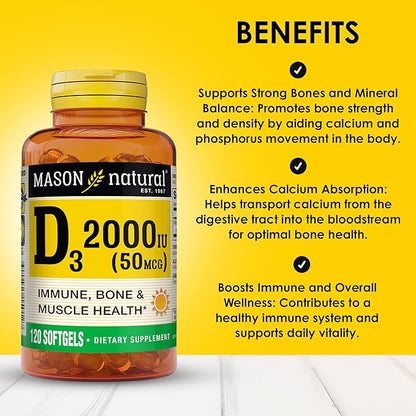 MASON NATURAL Vitamin D3 2,000 IU Ultra Strength, Supports Bone Density, Strength & Immune Health, 120 Softgels