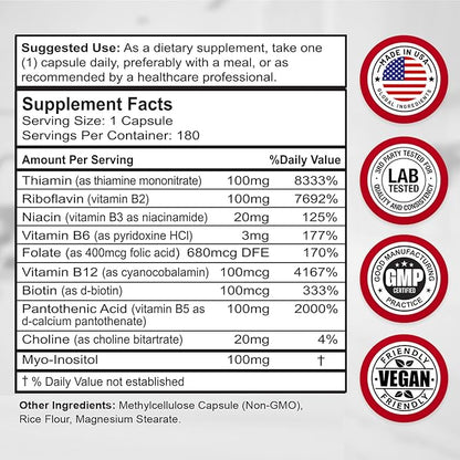 Divine Bounty Super B Complex Vitamins - All B Vitamins Including B12, B1, B2, B3, B5, B6, B7, B9, Folic Acid - Vitamin B Supplement - Support Healthy Energy Metabolism - 180 Vegetarian Capsules