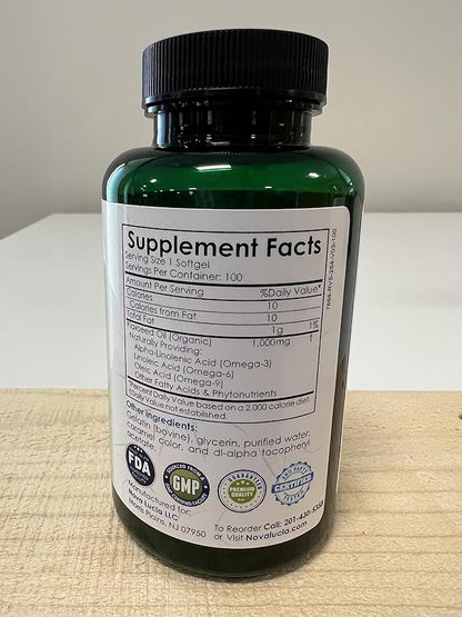 Natural Organic Flaxseed Oil 1,000 mg, Essential Omega 3 6 9 Natural ALA Healthy Hair Skin and Nails Gluten Free, Non-GMO, Hexane Free 100 Liquid Softgels
