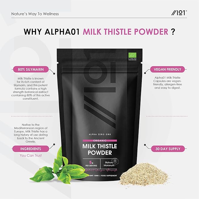 Organic Milk Thistle Powder 150g - Source of Cleansing Silymarin - Made from Cold-Pressed Milk Thistle - Vegan, Raw, Non-GMO.