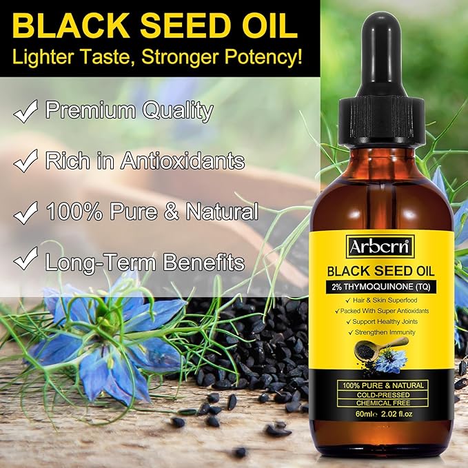 2 Pack Black Seed Oil Organic Cold Pressed,100% Pure & Natural Liquid Black Seed Oil Cold Pressed Glass Bottle 60ML for Skin Cares, Nourishes and Hydrates Hair
