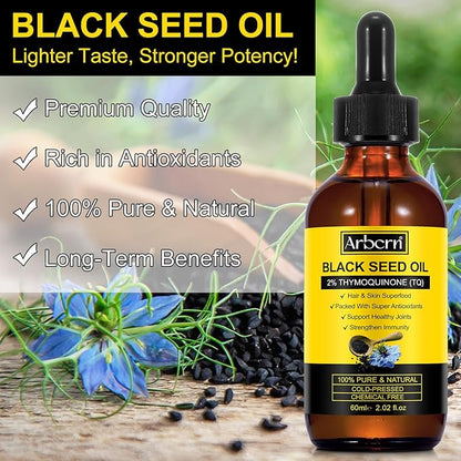 2 Pack Black Seed Oil Organic Cold Pressed,100% Pure & Natural Liquid Black Seed Oil Cold Pressed Glass Bottle 60ML for Skin Cares, Nourishes and Hydrates Hair
