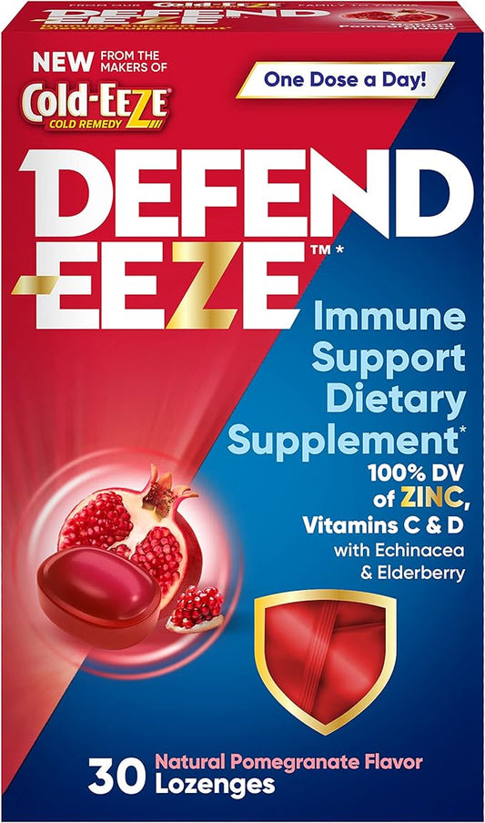 Defend-EEZE Immune Support Dietary Supplement Lozenges, 100% Daily Value of Zinc, Vitamins C & D per Dose, with Echinacea & Elderberry, Pomegranate Flavor, 30 Lozenges