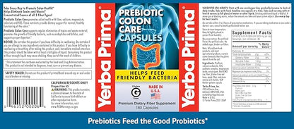Yerba Prima Prebiotic Colon Care Capsules Dietary Fiber, 180 Count, (Pack of 2) - Five Forms of Fiber Plus FOS Prebiotics Supplement - Soluble & Insoluble for Regularity & Digestive Support