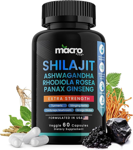 Pure Himalayan Shilajit for Men and Women 8-in-1 Supplement, Organic Himalayan Shilajit Capsules with Ashwaganda, Rhodiola Rosea and Panax Ginseng for Energy-Stamina- 60 Veggie Capsules