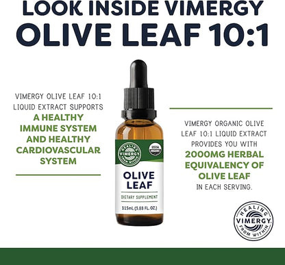 Vimergy Olive Leaf – Supports Immune Health* – Benefits Cardiovascular Function* – USDA Certified Organic, Vegan, Paleo-Friendly and Gluten-Free – 115 mL (57 Servings)