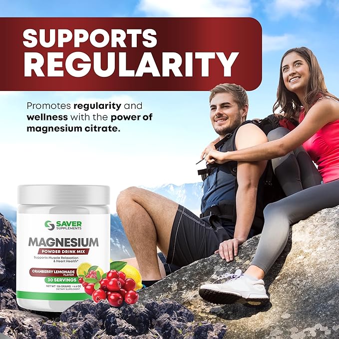 Magnesium Powder - Anti-Stress Drink Mix for Calm & Regularity - Magnesium Citrate Supplement - Relaxation, Muscle & Heart Support - Cranberry Lemonade Flavor - 30 Servings
