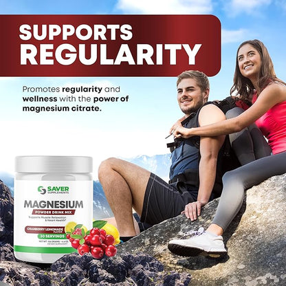 Magnesium Powder - Anti-Stress Drink Mix for Calm & Regularity - Magnesium Citrate Supplement - Relaxation, Muscle & Heart Support - Cranberry Lemonade Flavor - 30 Servings