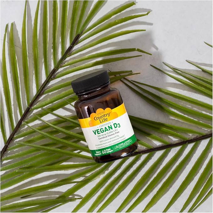 Country Life Vegan D3 5000 IU, 60 Softgels, Certified Gluten Free, Certified Vegan