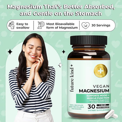 Future Kind Vegan Chelated Magnesium Supplement - Most Bioavailable & 6X More Potent Magnesium Capsules - Supports Sleep, Energy & Muscle Functions (30ct)