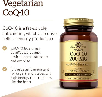 Solgar Vegetarian CoQ-10 200 mg, 60 Vegetable Capsules - Heart Healthy, Protective Antioxidant - Coenzyme Q10 (CoQ-10) Supplement - Vegan, Gluten Free, Dairy Free, Kosher - 60 Servings