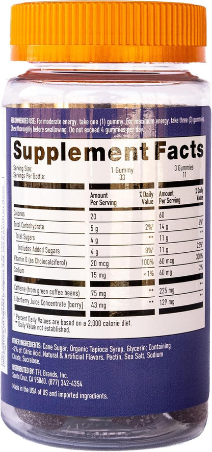 Energy Gummies, 2475mg of Plant-Based Caffeine Chews per Bottle, Long Lasting Energy Boosters, Elderberry (33ct)