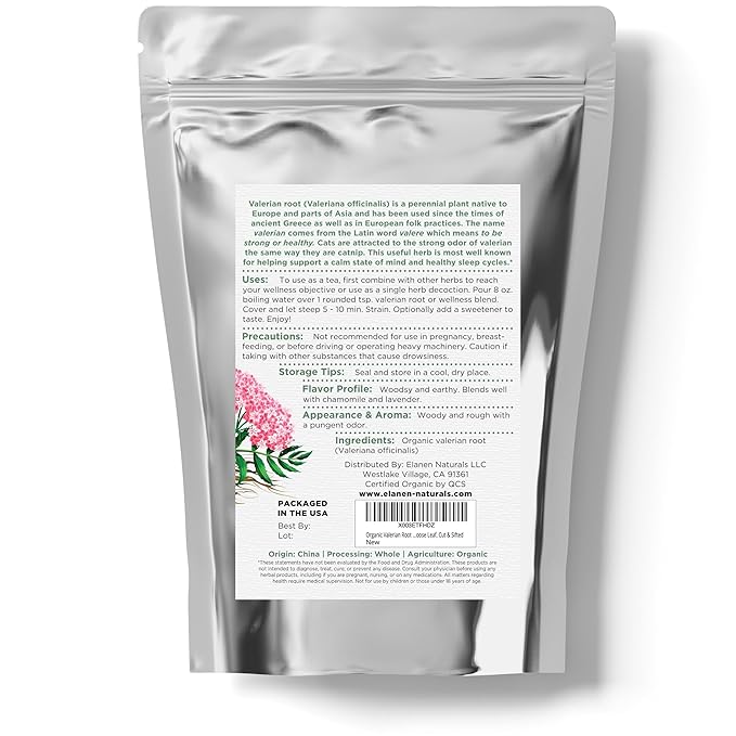 Elanen Naturals Organic Valerian Root 4 oz. (113g), USDA Certified Organic Valerian Root Herb Tea, Te De Valeriana Para Dormir, Valarian Officinalis Whole Loose Leaf, Cut & Sifted
