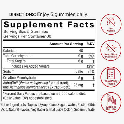 Force Factor Creatine Gummies, Creatine Monohydrate for Muscle Gain, More Strength, and Faster Recovery, Clinically Studied Creatine 5g Dose, Assorted Fruit Flavors, 30 Servings