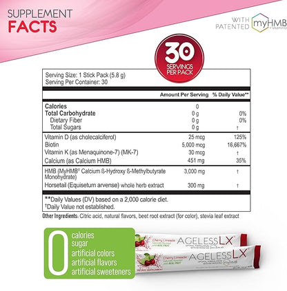 Powder Supplement for Women - with HMB Collagen Enhancer Plus Vitamin D3 with K2, Horsetail and Biotin for Lean Muscle and Stronger Hair and Nails - 30 Powder Packets, Cherry Limeade