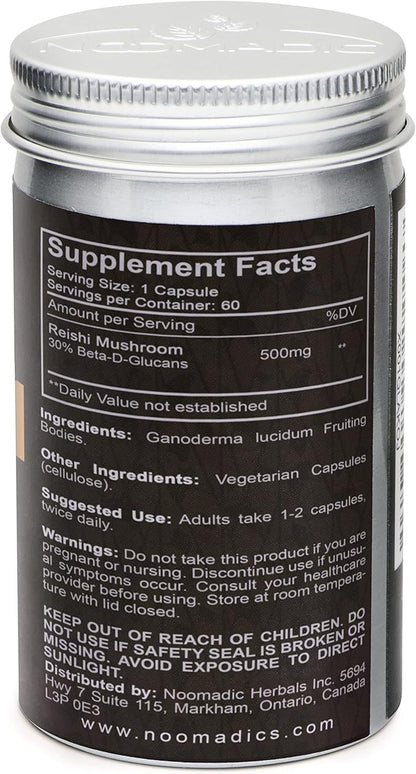Reishi Mushroom, 60 Capsules, 500mg Each, General Wellness & Longevity, Hot Water Extract, Fruiting Bodies, 30% Beta-D-Glucans