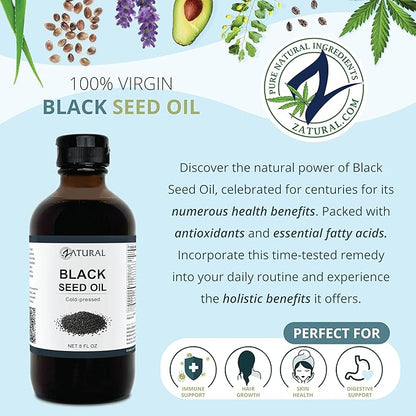 Zatural Black Seed Oil Nigella Sativa Cold Pressed Cumin Oil Digestion, Skin, Brain, Immune, Joints & More (8 Fl Oz)
