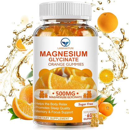 Magnesium Glycinate 500mg Gummies with 100mg Magnesium L-Threonate for Adult Kids,Magnesium Gummies Sugar Free Magnesium Potassium Supplement with Vitamin D,B6,CoQ10 (60 Pack, Orange)