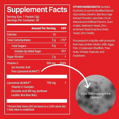 Liposomal Vitamin C Powder, Sugar-Free Flavored Packets for Adults, 500mg On-The-go Immune Support Supplement, Powerful Antioxidant, Energy Booster- 30x Packets, Tropical Fruit Flavor