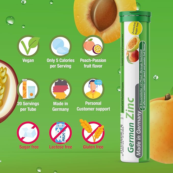 German Zinc 140 Drink Effervescent Tablets - Peach and Passion Fruit Flavour - 5 mg Zinc, Sugarfree, Vegan - T&D Pharma – Made in Germany